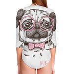 Cute Pug With Glasses Print Long Sleeve Swimsuit