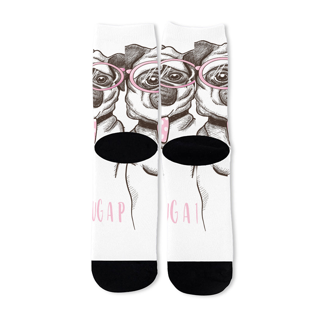 Cute Pug With Glasses Print Long Socks