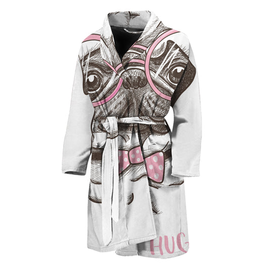 Cute Pug With Glasses Print Men's Bathrobe