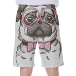 Cute Pug With Glasses Print Men's Beach Shorts