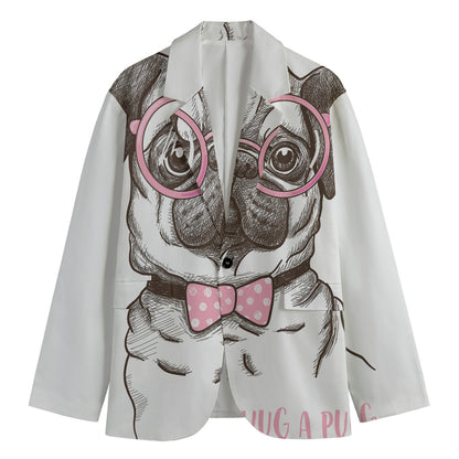 Cute Pug With Glasses Print Men's Blazer