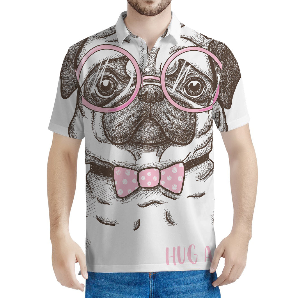 Cute Pug With Glasses Print Men's Polo Shirt