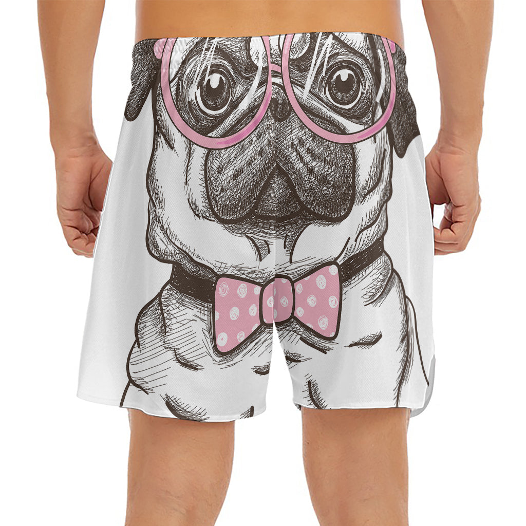 Cute Pug With Glasses Print Men's Split Running Shorts