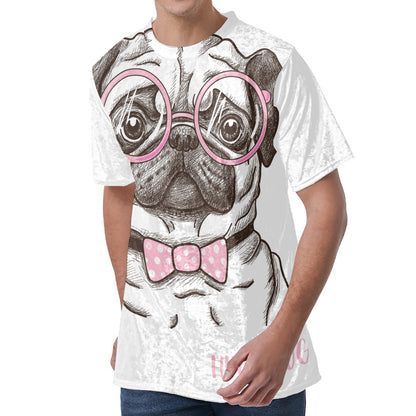 Cute Pug With Glasses Print Men's Velvet T-Shirt
