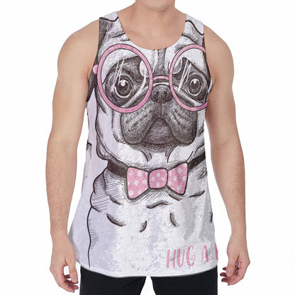 Cute Pug With Glasses Print Men's Velvet Tank Top