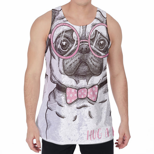 Cute Pug With Glasses Print Men's Velvet Tank Top