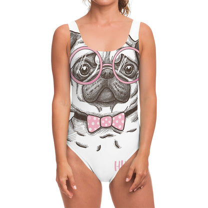 Cute Pug With Glasses Print One Piece Swimsuit