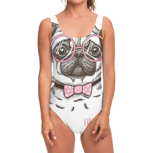 Cute Pug With Glasses Print One Piece Swimsuit