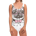 Cute Pug With Glasses Print One Piece Swimsuit