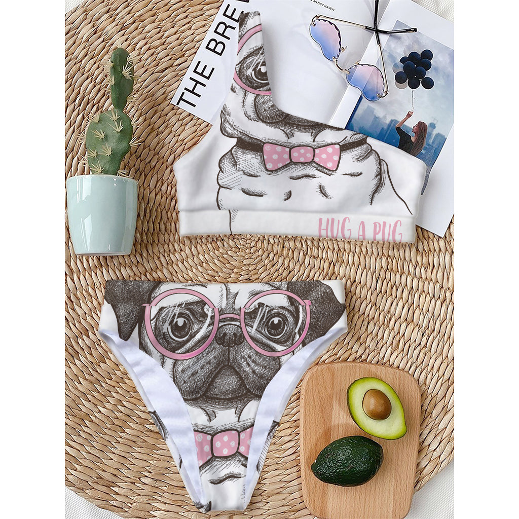 Cute Pug With Glasses Print One Shoulder Bikini Top