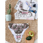 Cute Pug With Glasses Print One Shoulder Bikini Top