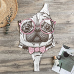 Cute Pug With Glasses Print One Shoulder Bodysuit