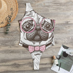 Cute Pug With Glasses Print One Shoulder Bodysuit