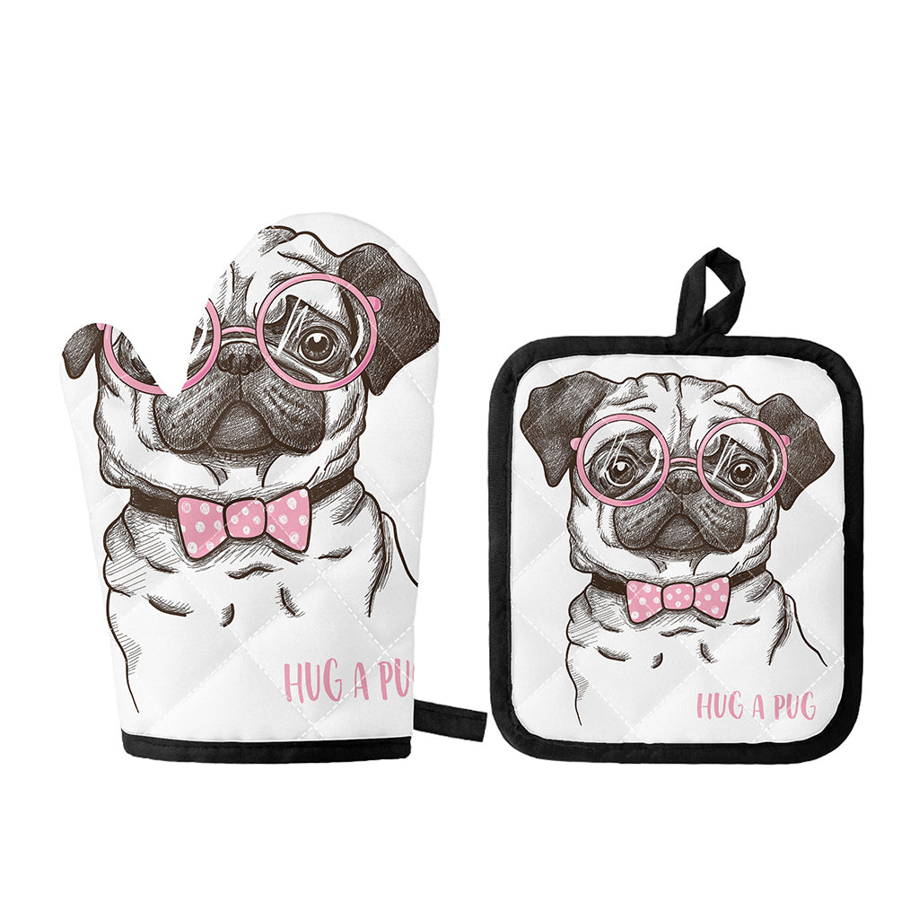 Cute Pug With Glasses Print Oven Mitt And Pot Holder Set