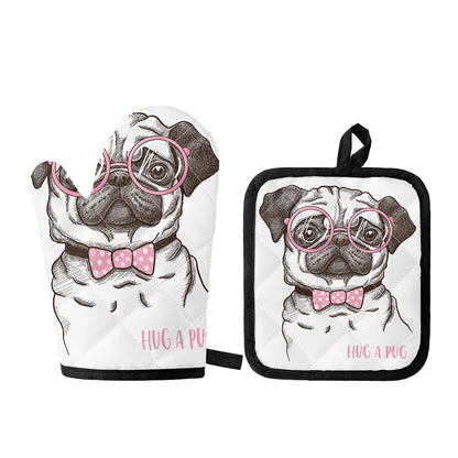 Cute Pug With Glasses Print Oven Mitt And Pot Holder Set