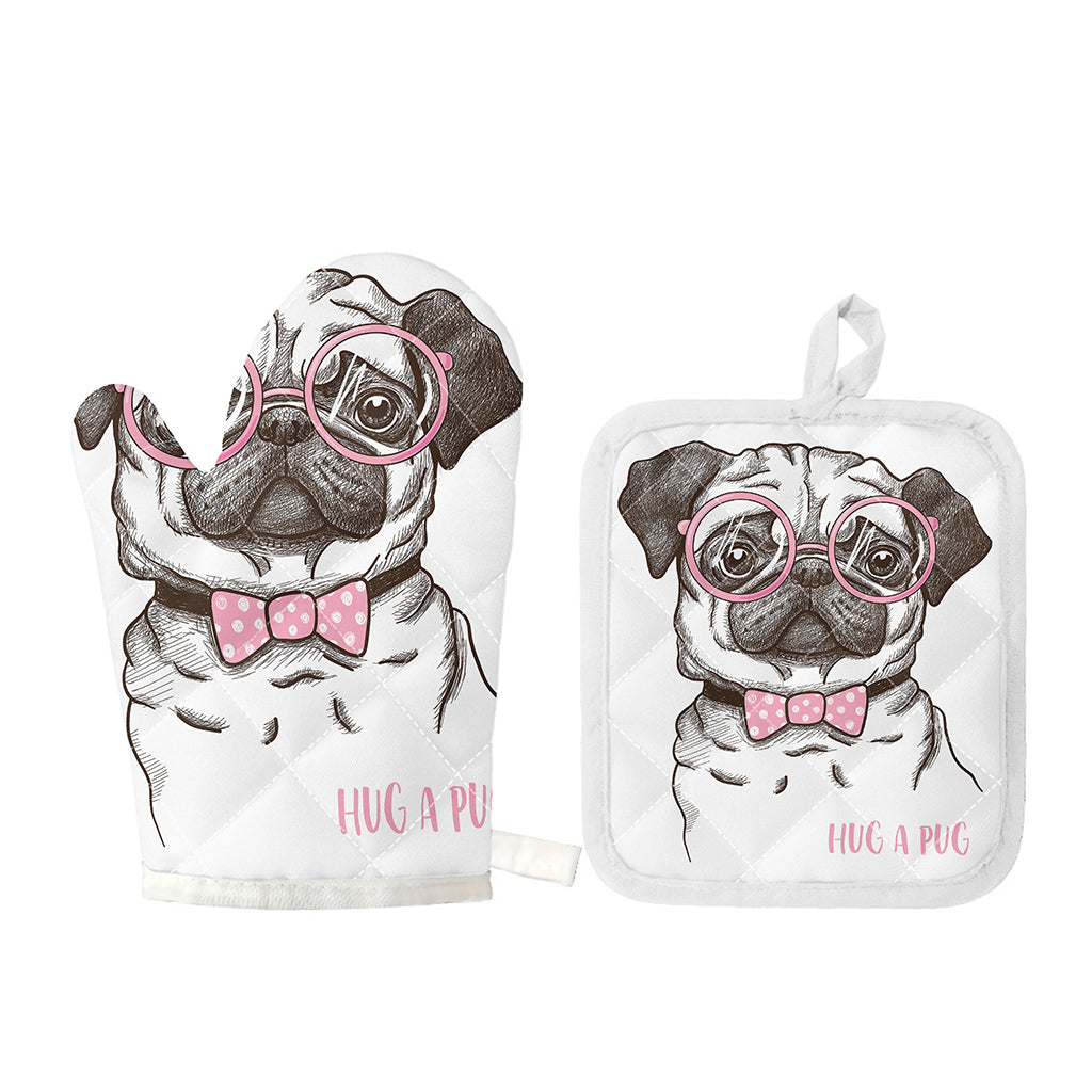 Cute Pug With Glasses Print Oven Mitt And Pot Holder Set