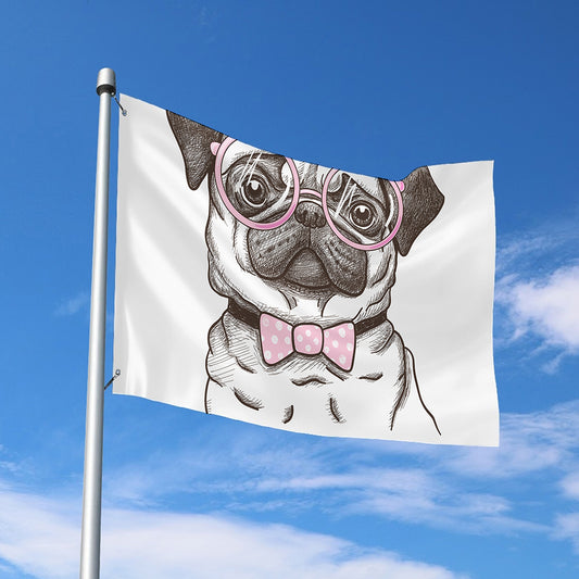 Cute Pug With Glasses Print Polyester Flag