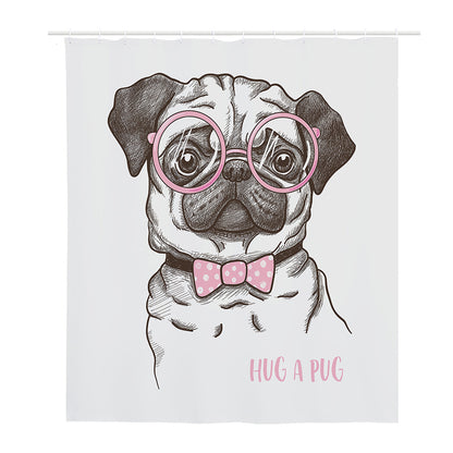 Cute Pug With Glasses Print Polyester Shower Curtain
