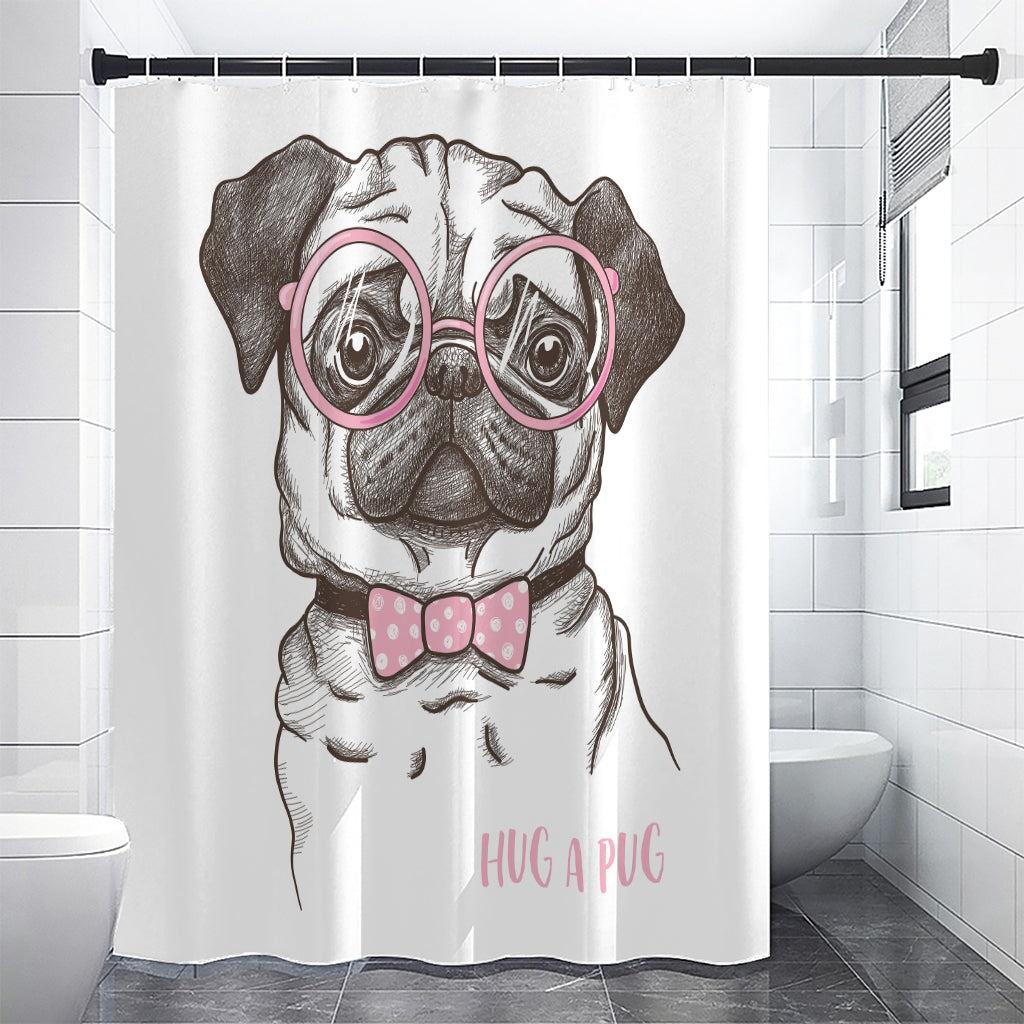 Cute Pug With Glasses Print Premium Shower Curtain