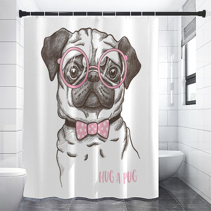 Cute Pug With Glasses Print Premium Shower Curtain