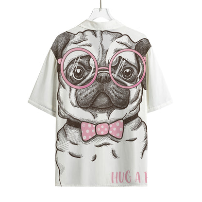 Cute Pug With Glasses Print Rayon Hawaiian Shirt