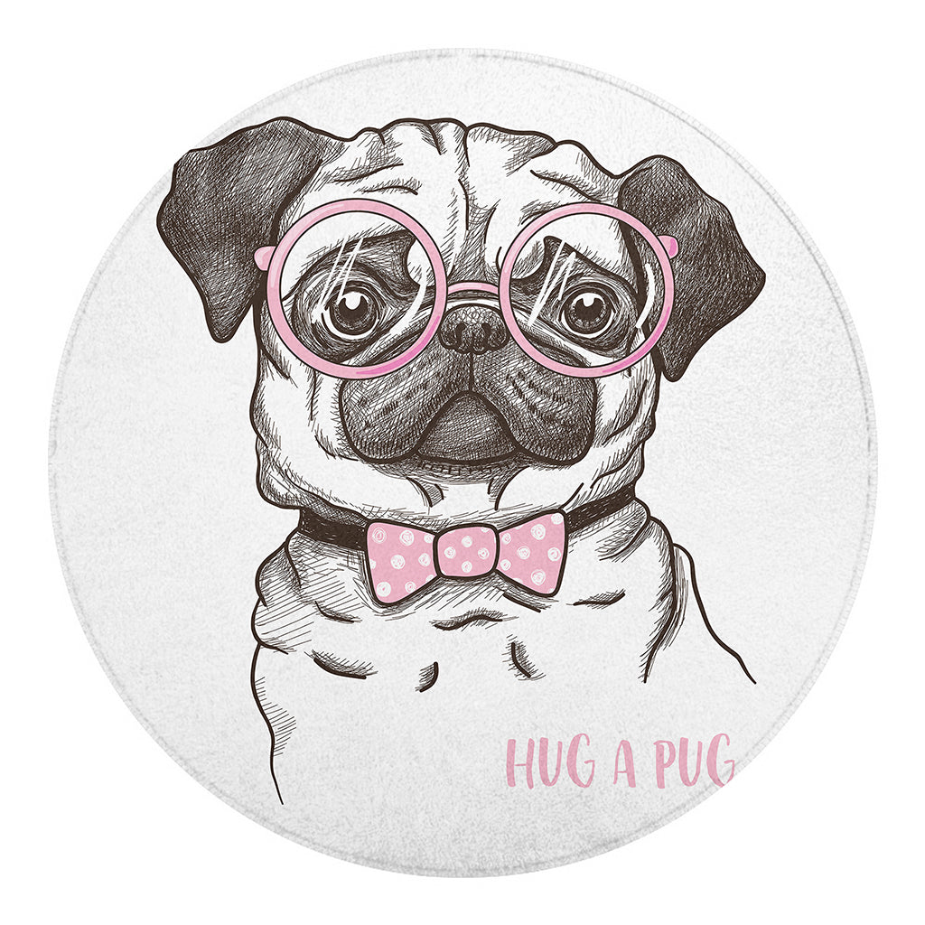 Cute Pug With Glasses Print Round Blanket