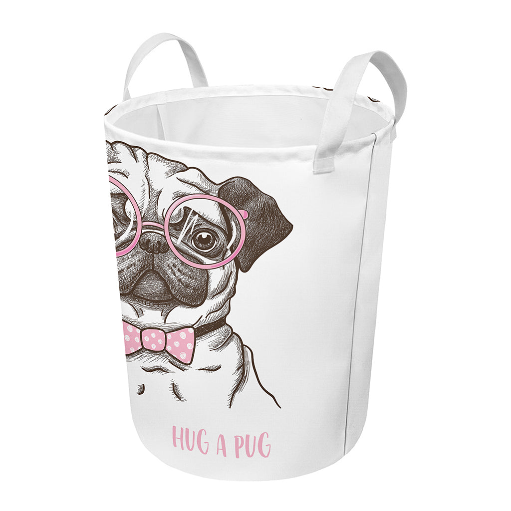 Cute Pug With Glasses Print Round Laundry Basket