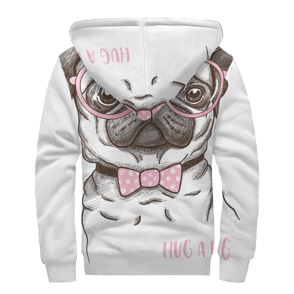 Cute Pug With Glasses Print Sherpa Lined Zip Up Hoodie