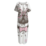 Cute Pug With Glasses Print Short Sleeve Long Nightdress