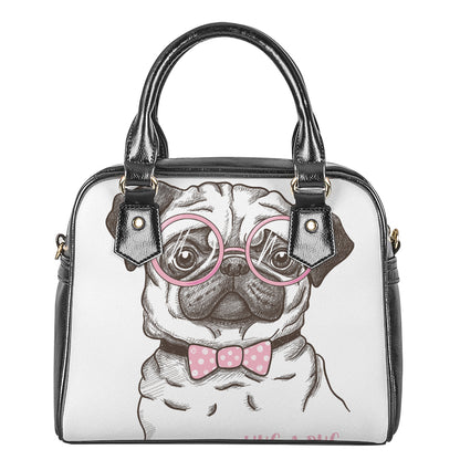 Cute Pug With Glasses Print Shoulder Handbag