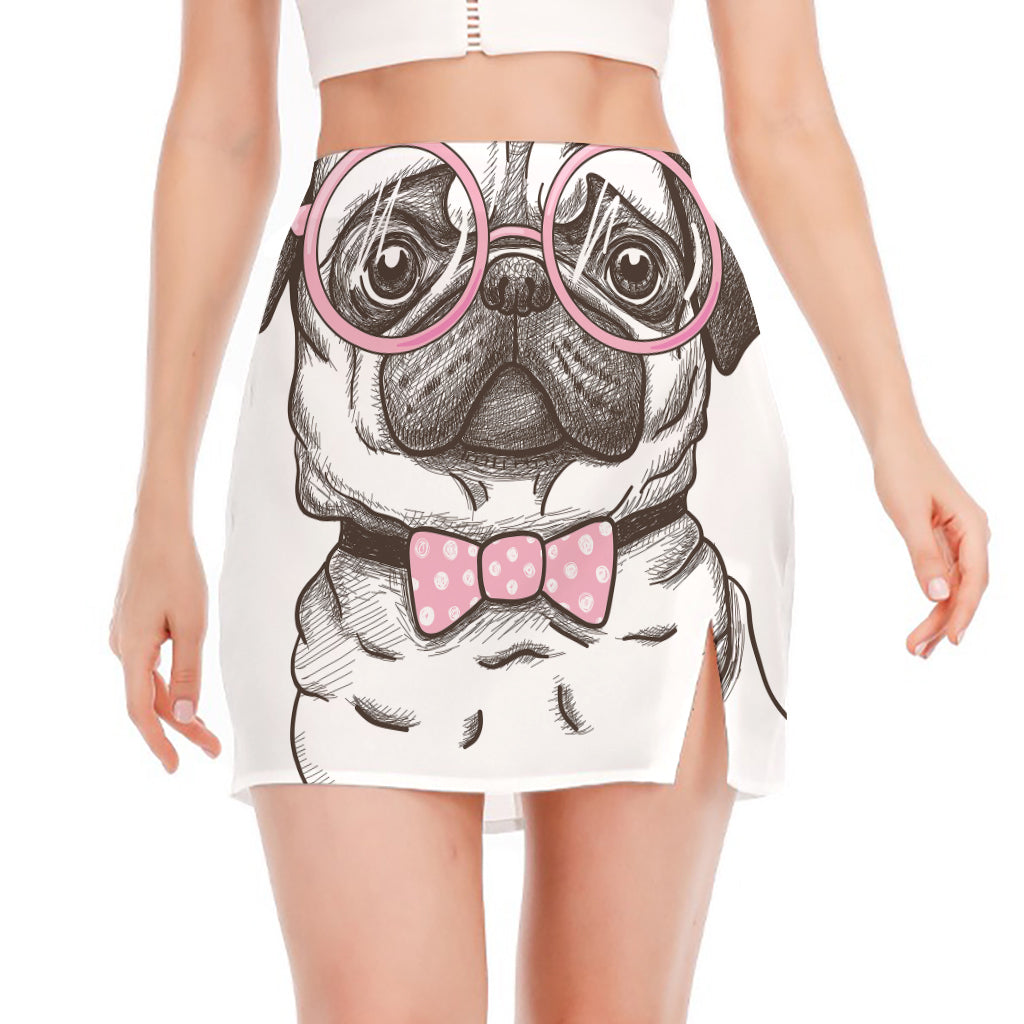 Cute Pug With Glasses Print Side Slit Mini Skirt