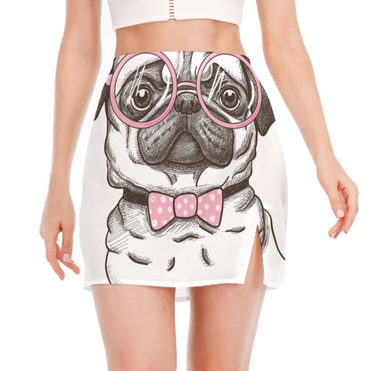 Cute Pug With Glasses Print Side Slit Mini Skirt