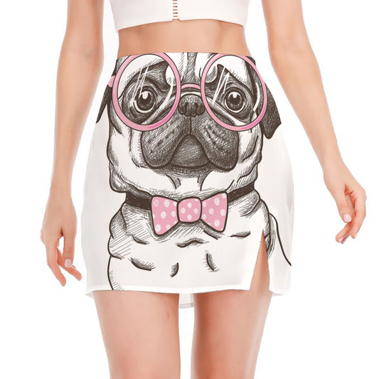 Cute Pug With Glasses Print Side Slit Mini Skirt