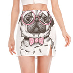 Cute Pug With Glasses Print Side Slit Mini Skirt