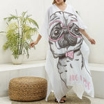 Cute Pug With Glasses Print Silk V-Neck Kaftan Dress