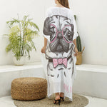 Cute Pug With Glasses Print Silk V-Neck Kaftan Dress