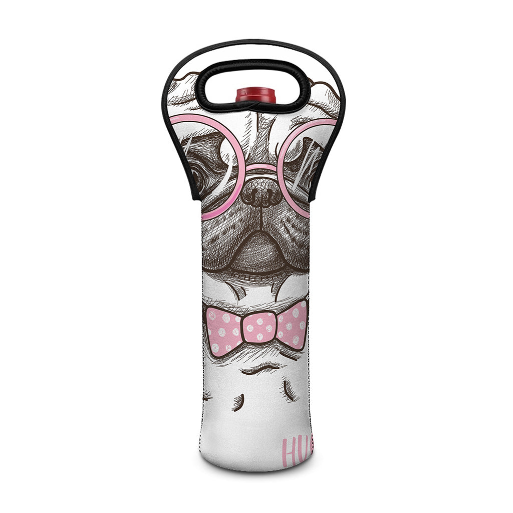Cute Pug With Glasses Print Single Neoprene Wine Tote