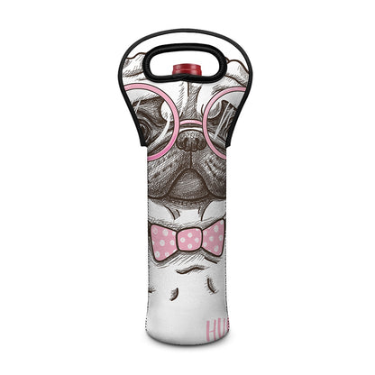 Cute Pug With Glasses Print Single Neoprene Wine Tote
