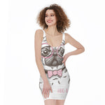 Cute Pug With Glasses Print Sleeveless Bodycon Dress