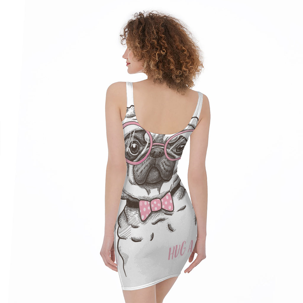 Cute Pug With Glasses Print Sleeveless Bodycon Dress