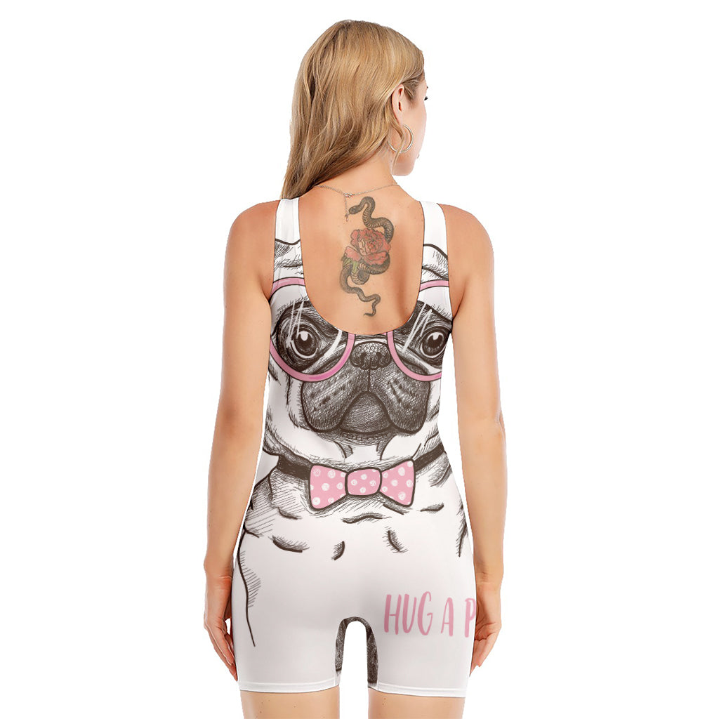 Cute Pug With Glasses Print Sleeveless One Piece Swimsuit