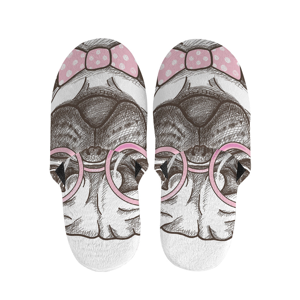 Cute Pug With Glasses Print Slippers