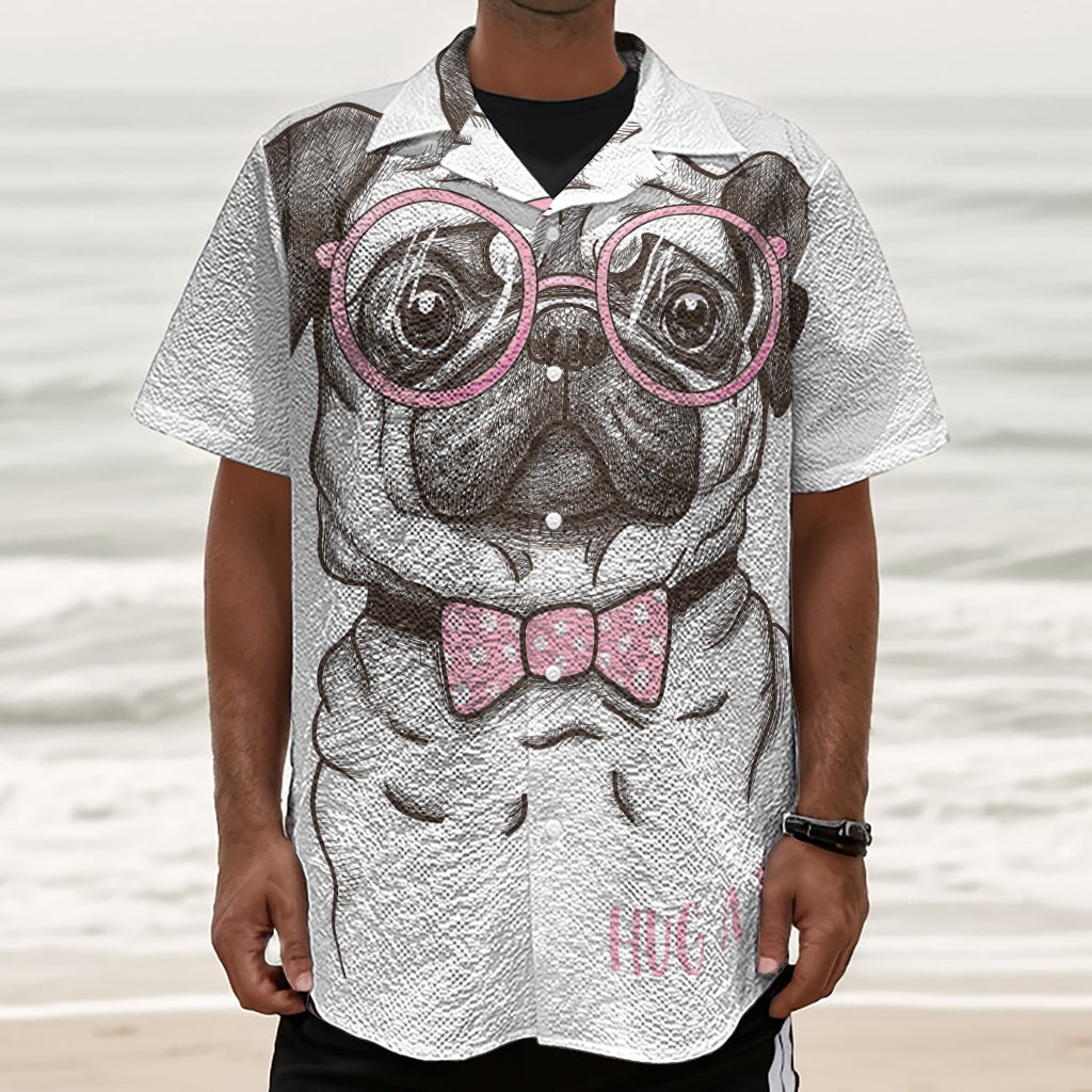 Cute Pug With Glasses Print Textured Short Sleeve Shirt
