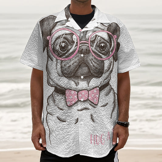 Cute Pug With Glasses Print Textured Short Sleeve Shirt