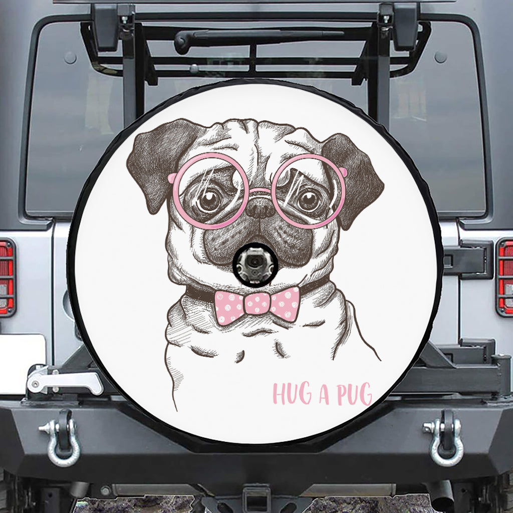 Cute Pug With Glasses Print Tire Cover With Camera Hole
