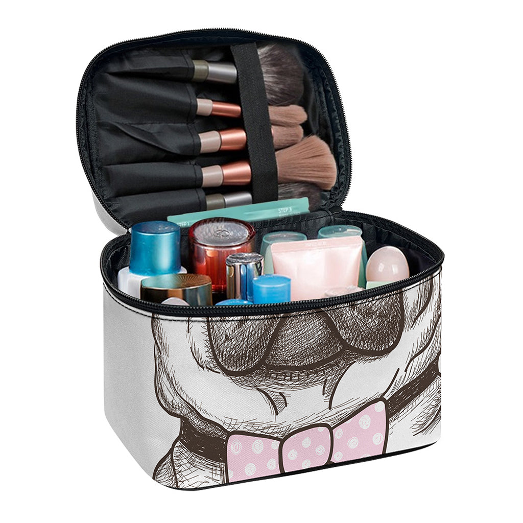 Cute Pug With Glasses Print Travel Makeup Bag