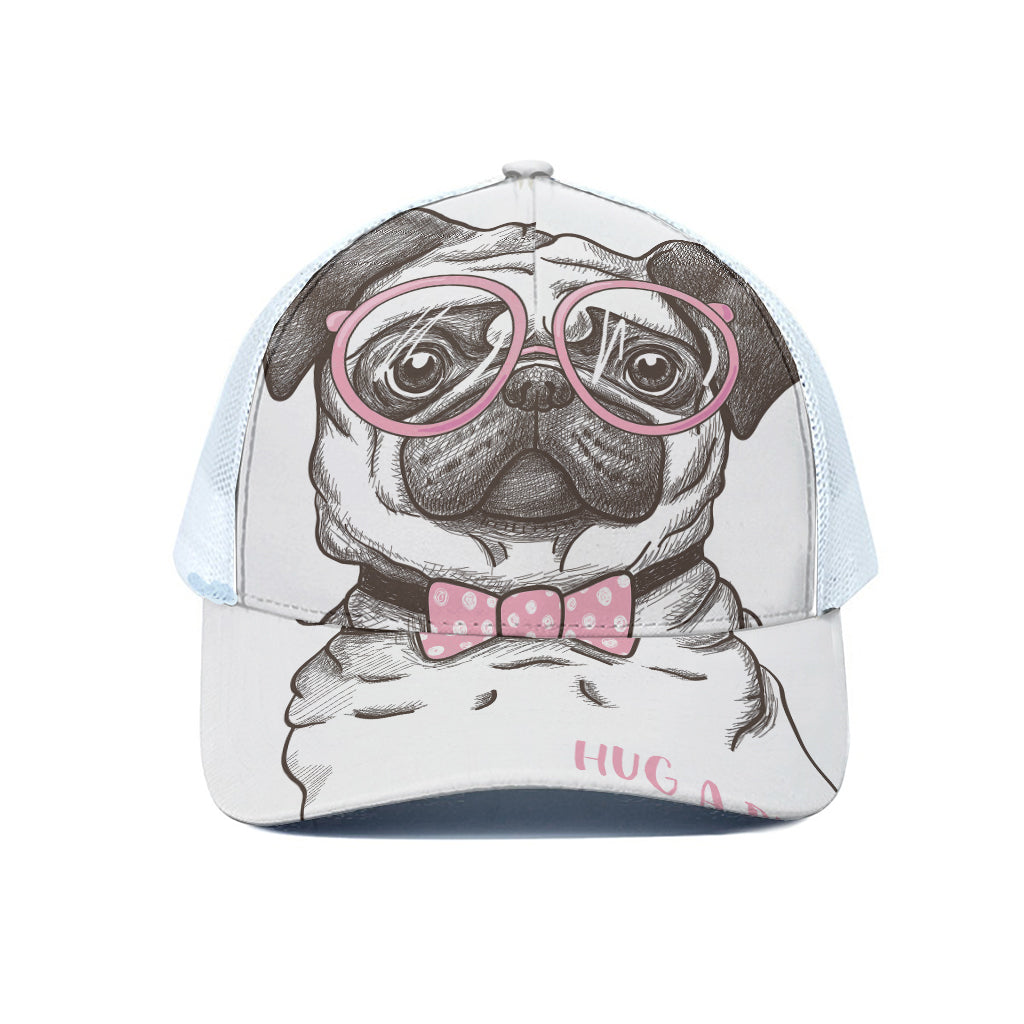 Cute Pug With Glasses Print White Mesh Trucker Cap
