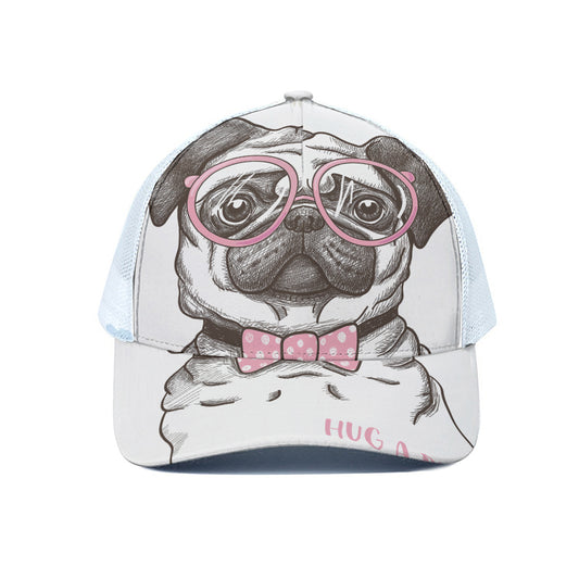 Cute Pug With Glasses Print White Mesh Trucker Cap