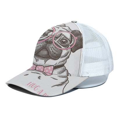 Cute Pug With Glasses Print White Mesh Trucker Cap