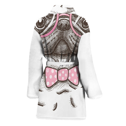 Cute Pug With Glasses Print Women's Bathrobe
